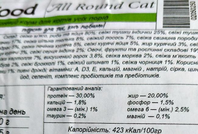Гарантированный анализ корма WellFood ALL ROUND CAT
