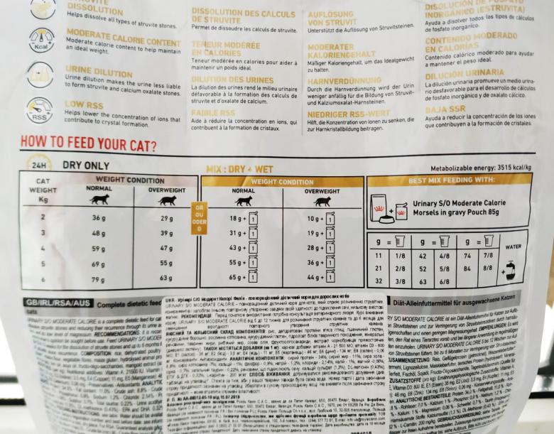 Нормы кормления лечебного корма для кошек Royal Canin Urinary SO Moderate Calorie