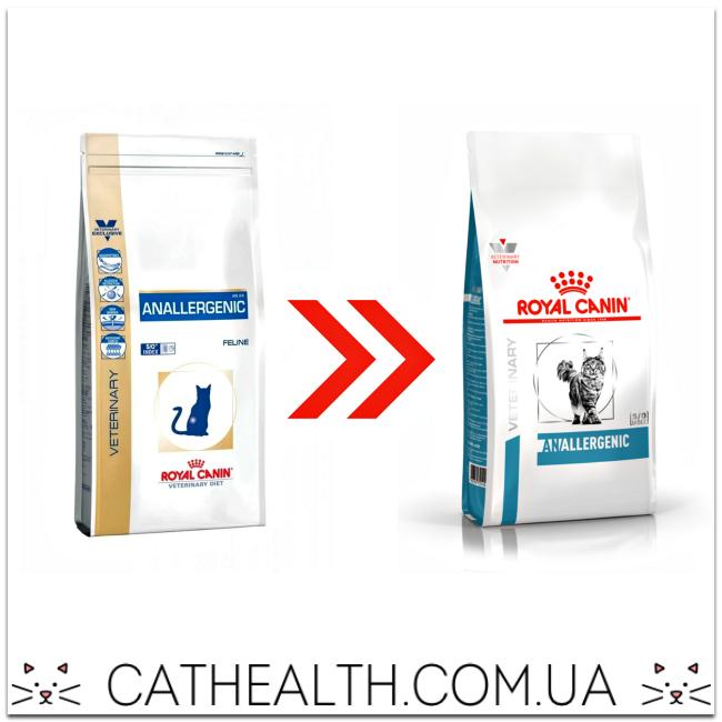 Предыдущая и обновленная упаковка лечебного корма для кошек Royal Canin Anallergenic Feline