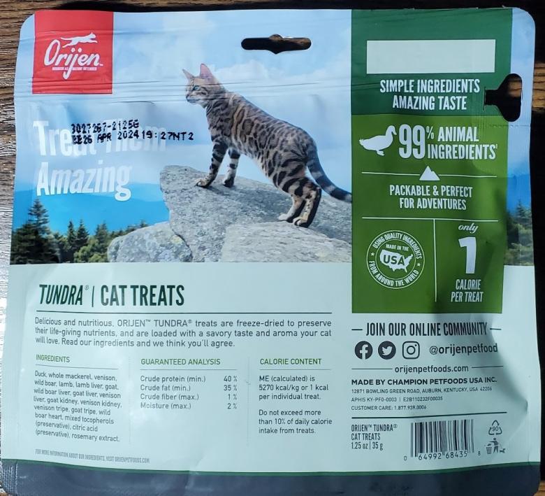 Состав лакомства для кошек Orijen Tundra Freeze-Dried Cat Treats